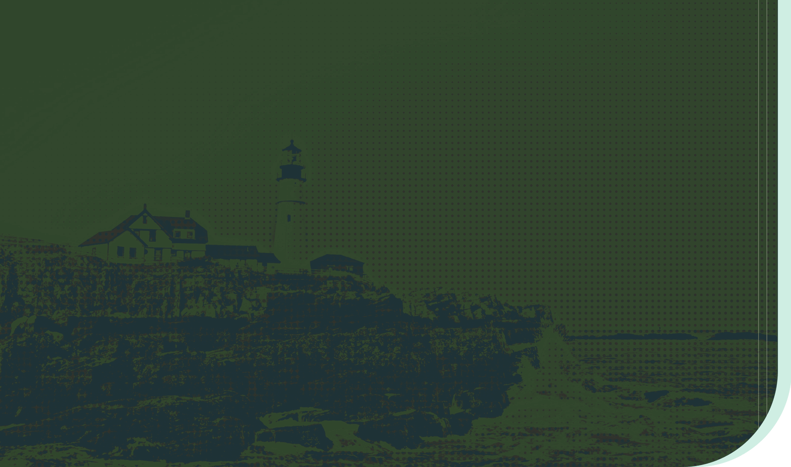 A green-colored illustration featuring a lighthouse at the end of a cliff.