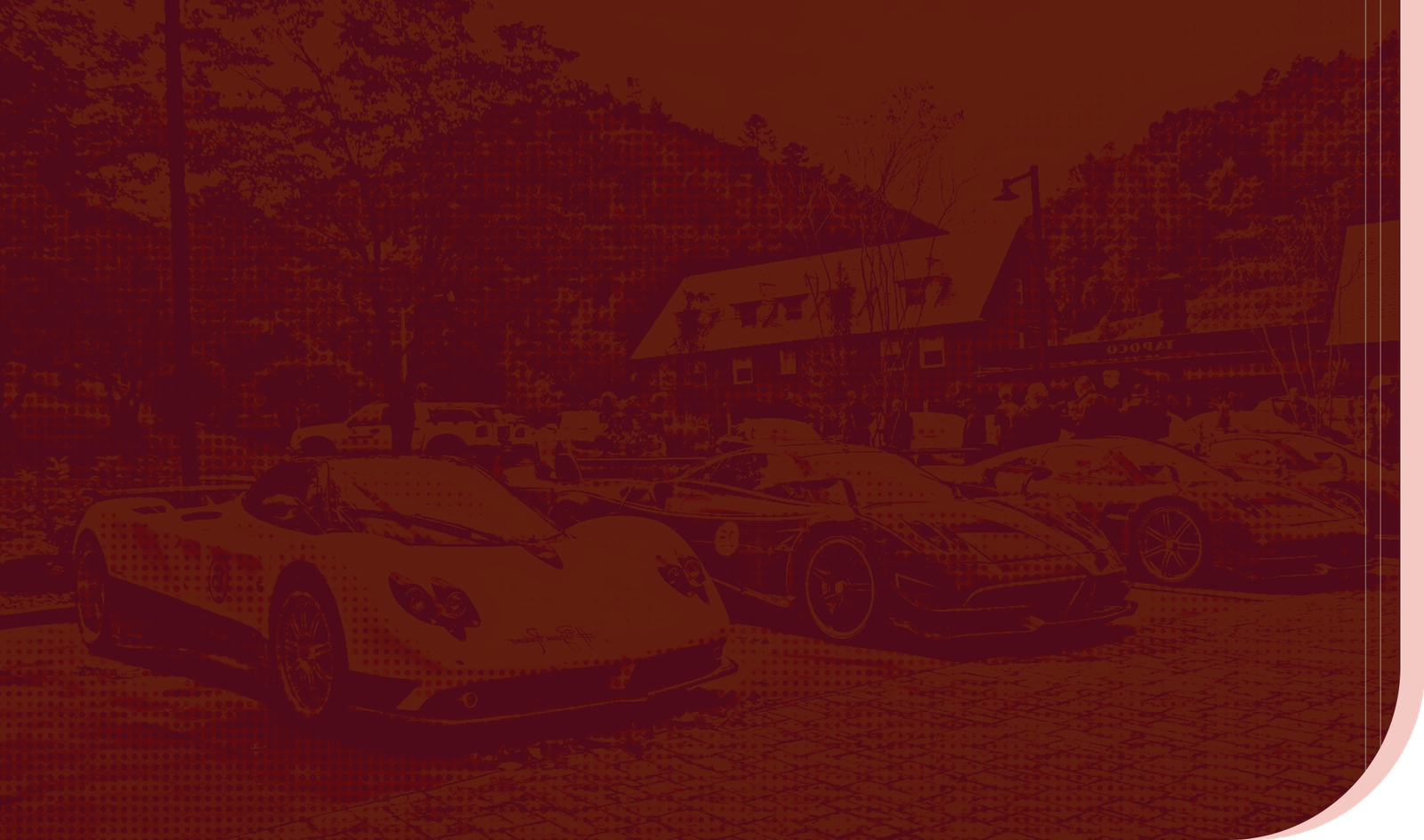 A maroon-colored illustration featuring several sports cars parked together.