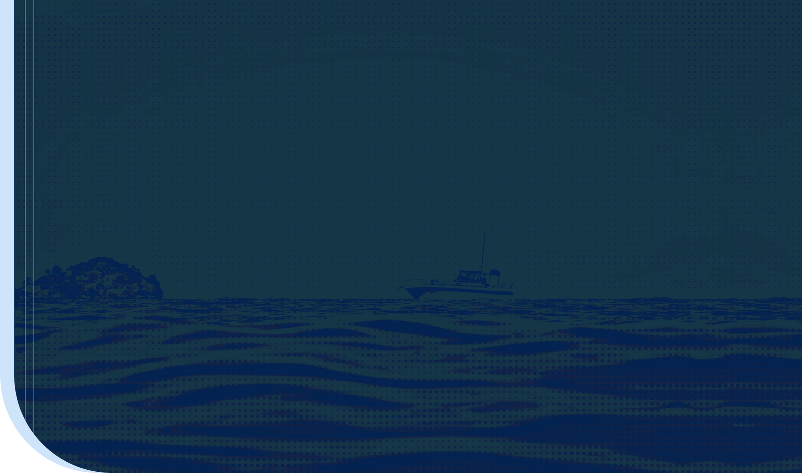 A blue-colored illustration featuring a cruise boat sailing on the ocean.
