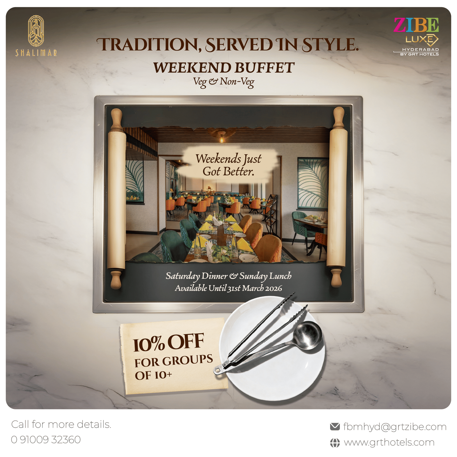 Promotional creative for Shalimar showcasing a weekend buffet offer with veg and non-veg options, group discount details, and an image of the restaurant interior.