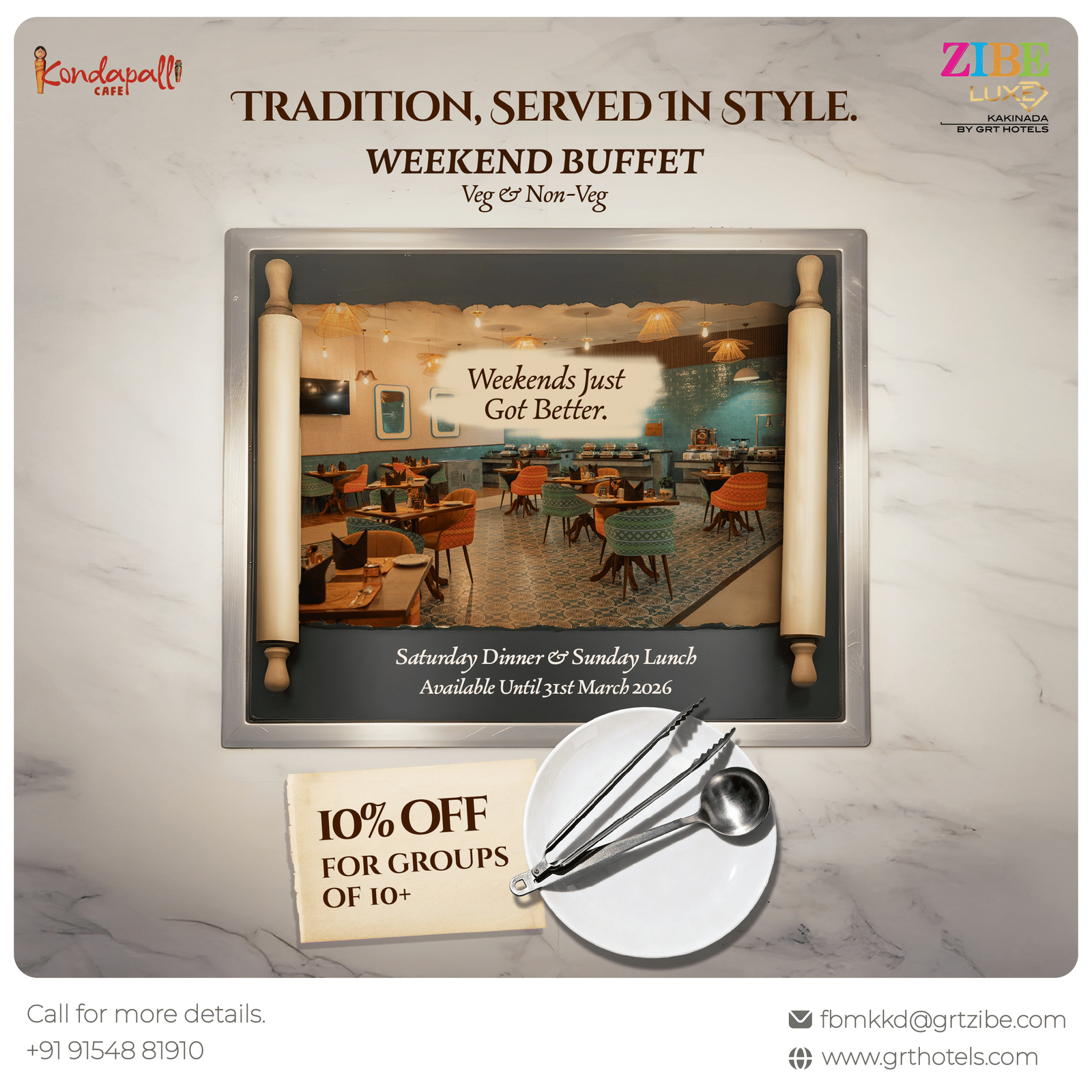 Promotional creative for Kondapalli Café showcasing a weekend buffet offer with veg and non-veg options, group discount details, and an image of the restaurant interior.