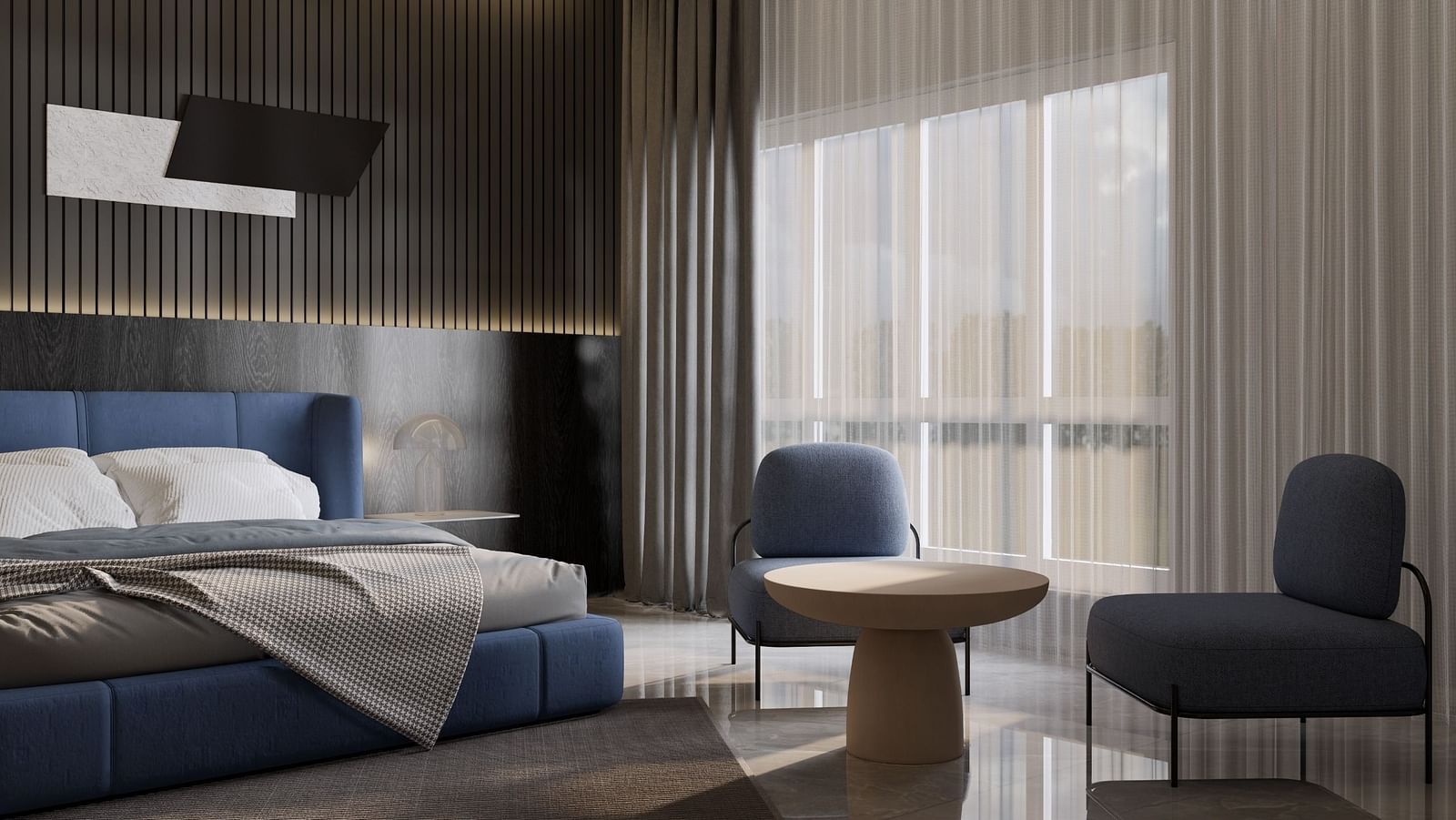 A stylish hotel room with a plush blue bed, modern decor, seating area, and floor-to-ceiling curtains at Town Square Suites.
