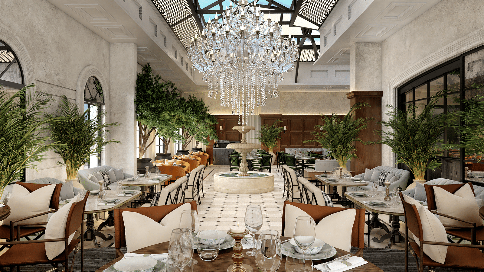 image of a dining area at kertel suites, kinshasa with a beautiful chandelier hanging from the ceiling