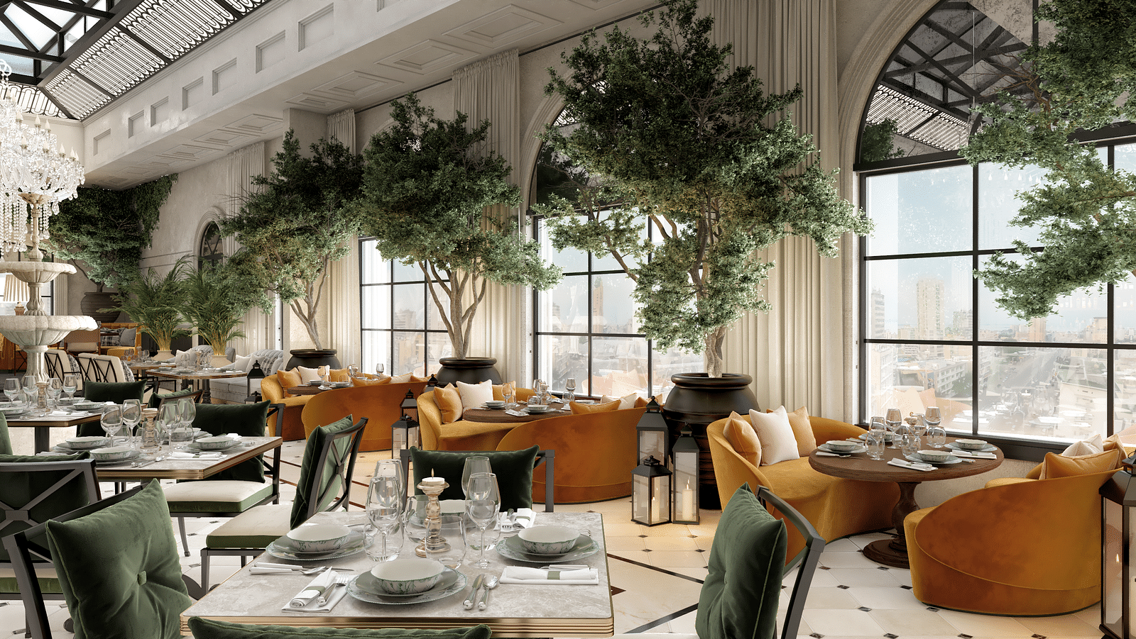 dining area with huge potted green plans in front of the pillars and huge windows at kertel suites, kinshasa