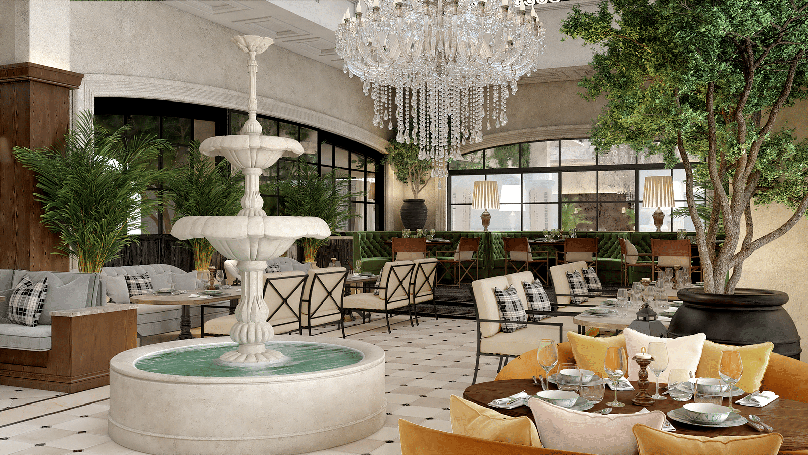 image of the restaurant with a beautiful white coloured fountain in the middle at kertel suites, kinshasa