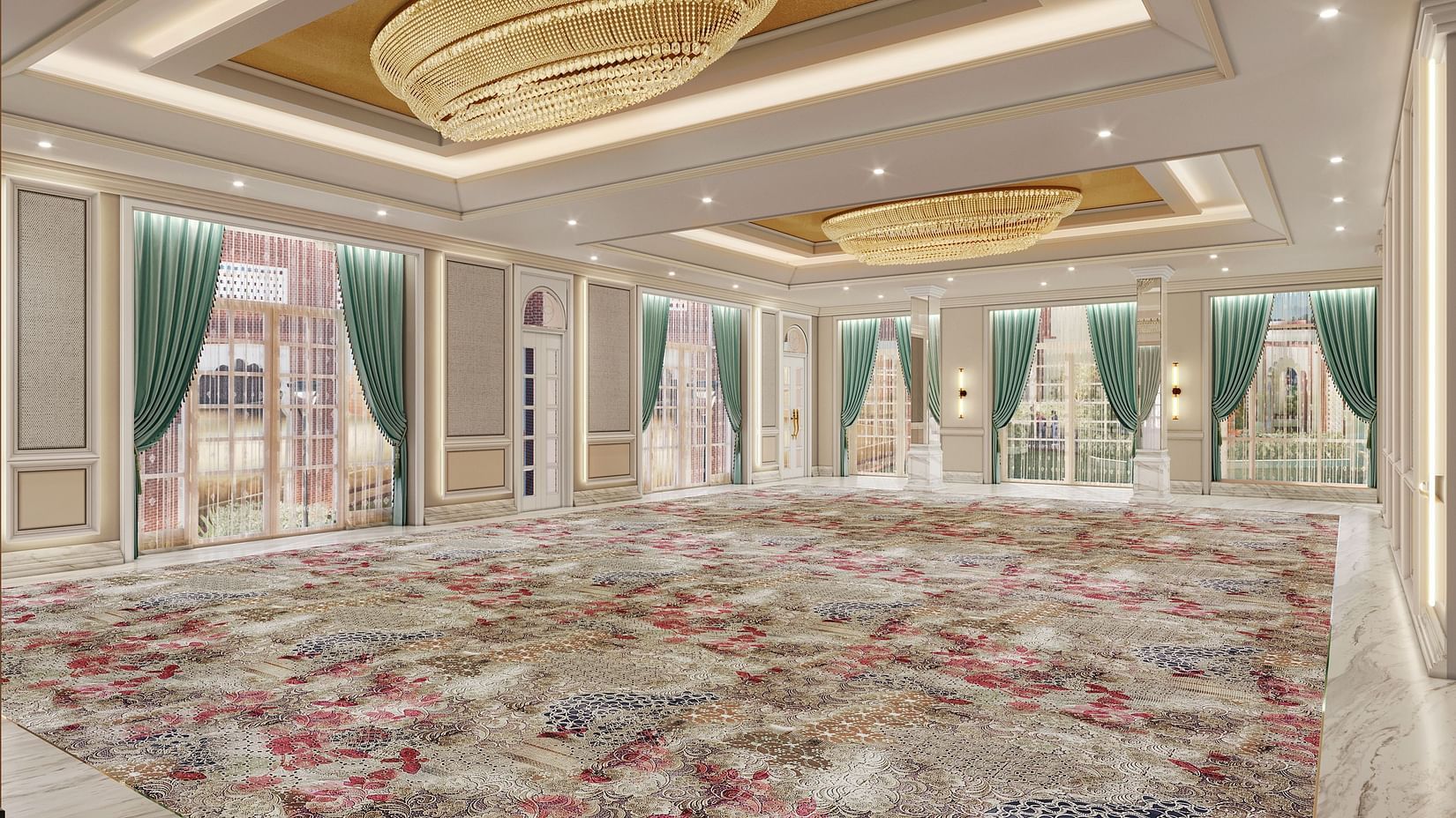 A spacious banquet hall with colourful carpeting, large windows, and modern design, perfect for events - Sarovar Premiere Amritsar