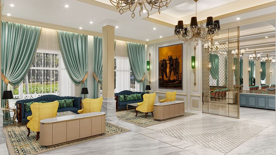 An image of a hotel lobby with classic decor, cosy sofas, and chandeliers - Sarovar Premiere, Amritsar