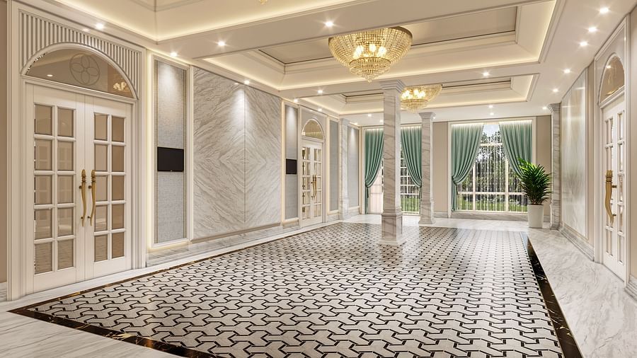 A well-lit corridor leading to various hotel spaces with classic decor