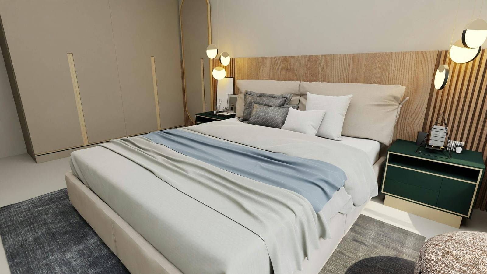 A modern bedroom with a bed featuring white and blue bedding, a nightstand with a lamp, and a headboard.