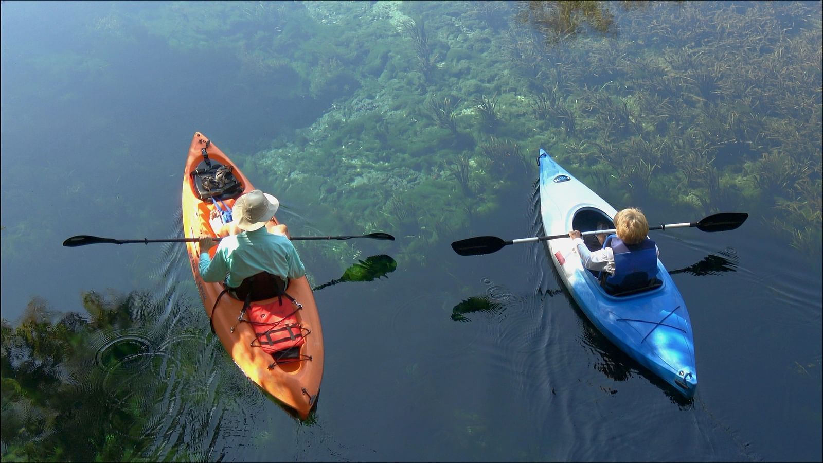 Two people kayaking in a waterbody as seen from above
