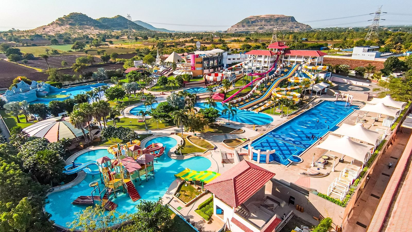 Aerial view of Crescent Water Park, Indore, showcasing all the exciting rides