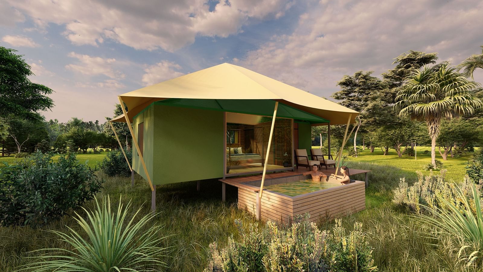 A facade view of a tent surrounded by greenery at Trees N Tigers, Tadoba.