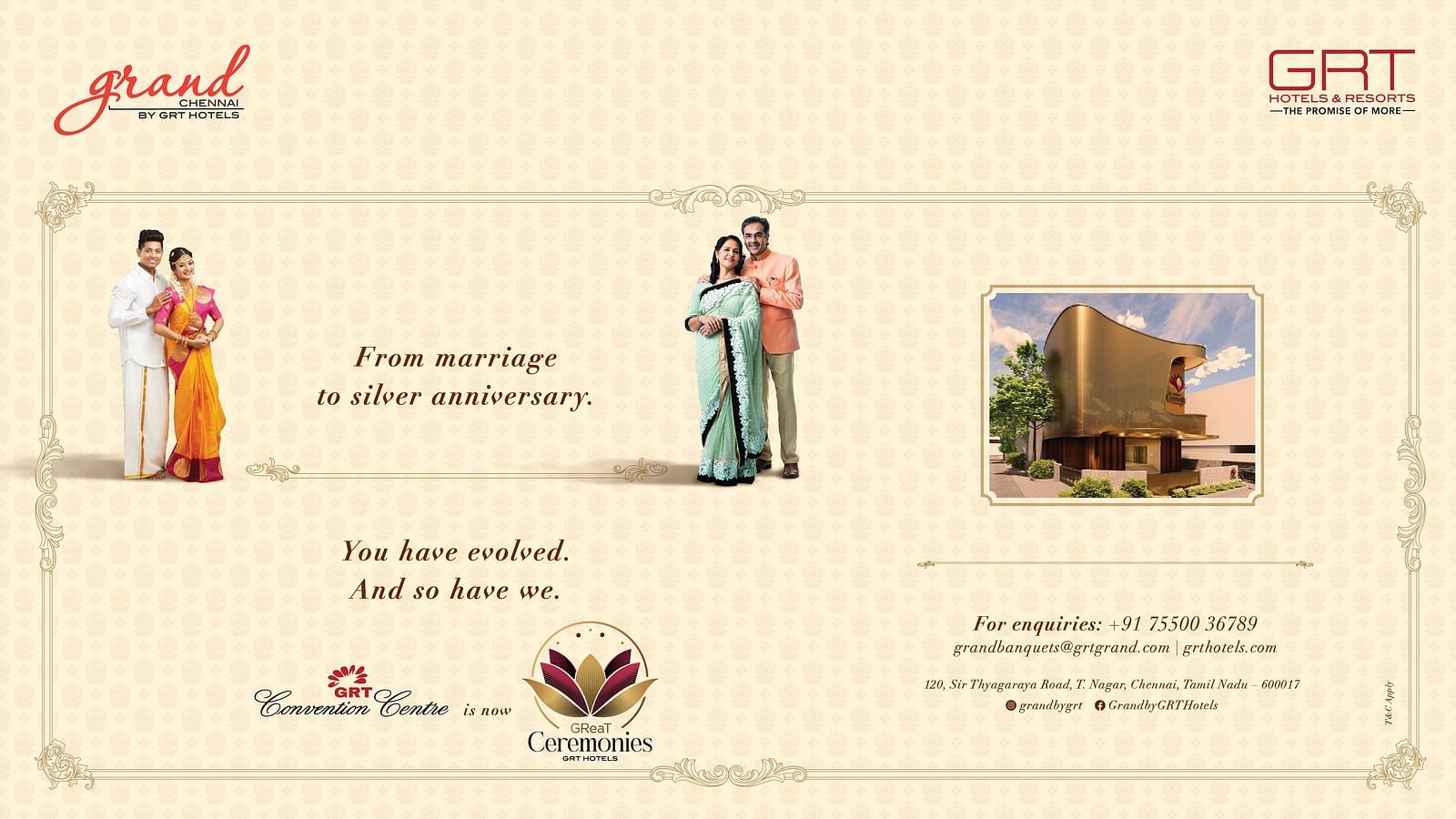 A creative featuring couple image on both side  advertising Great Ceremonies banquet halls at Grand Chennai by GRT Hotels