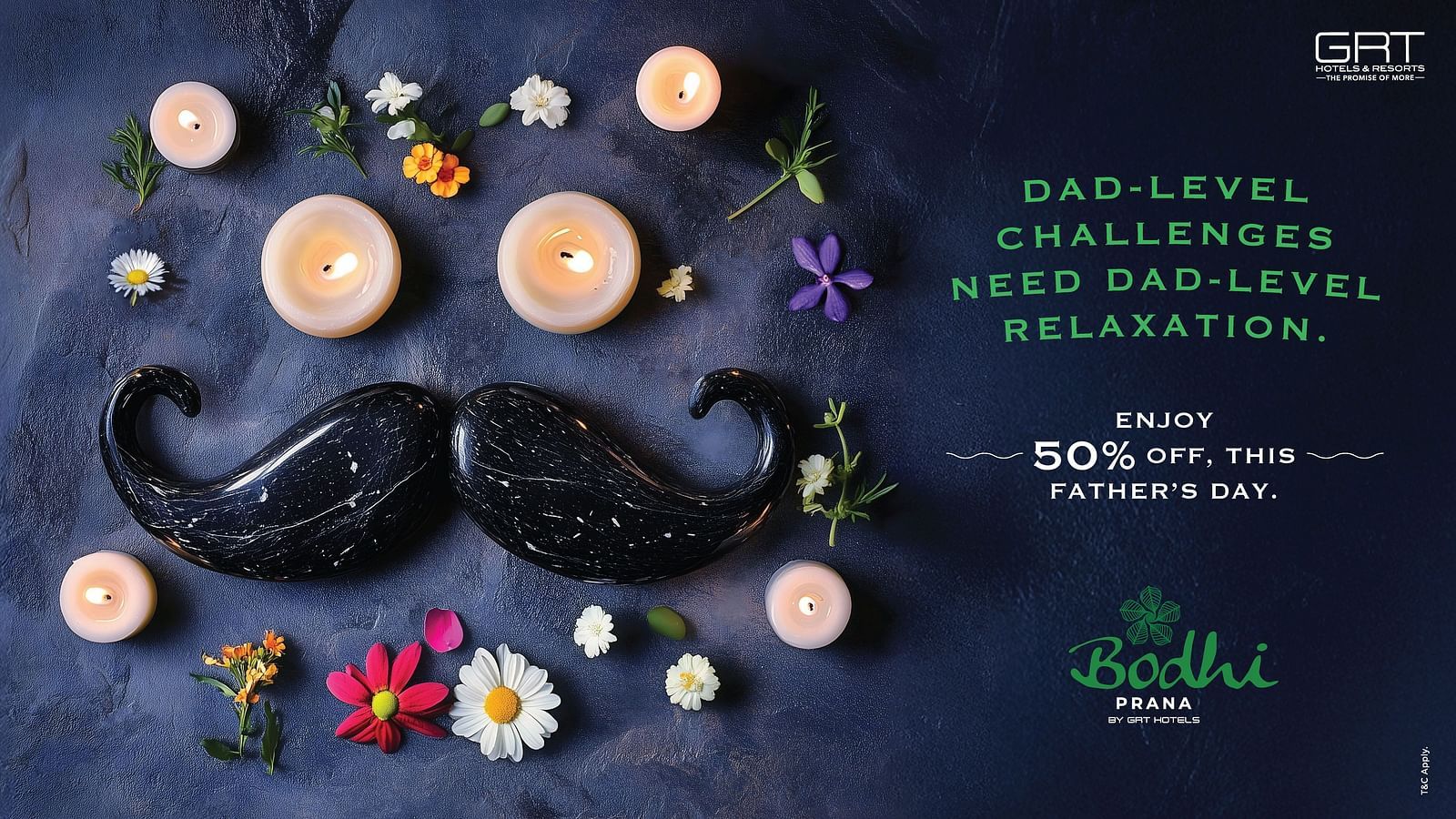  Father’s Day spa offer by GRT Hotels with candles, flowers, and a black moustache. Highlights 50% off on treatments at Bodhi Prana.