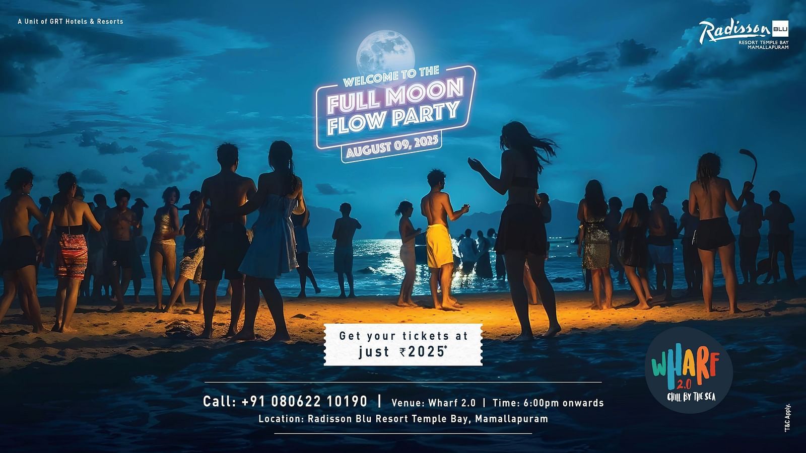 People dancing on the beach under a full moon at Radisson Blu Temple Bay’s Full Moon Flow Party, hosted at Wharf 2.0 with music and sea vibes.