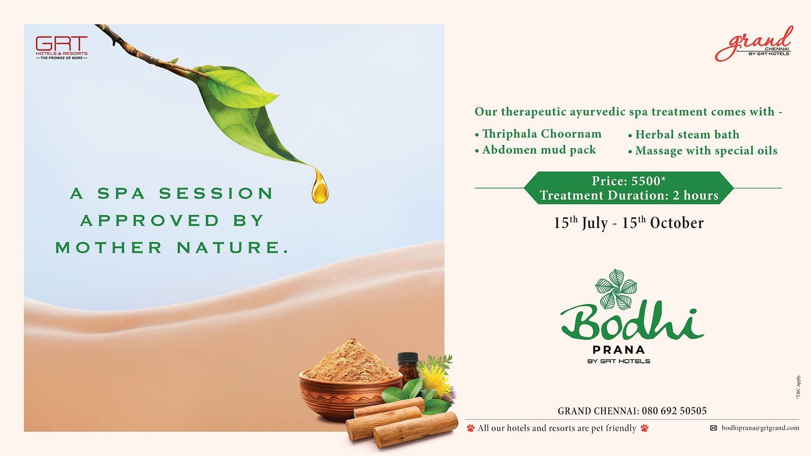 Bodhi Prana spa offer at Grand Chennai by GRT Hotels with Ayurvedic therapies approved by nature, valid from 15th July to 15th October.