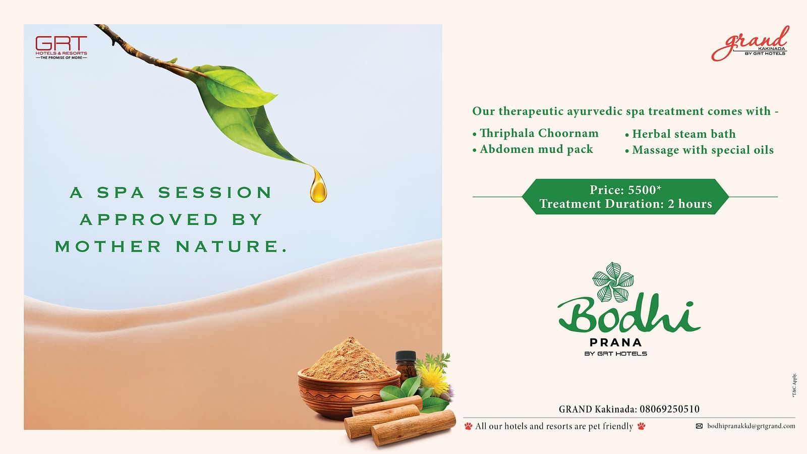 Bodhi Prana Ayurvedic spa promotion at Grand Kakinada by GRT Hotels highlighting herbal treatments, valid from 15th July to 15th October.