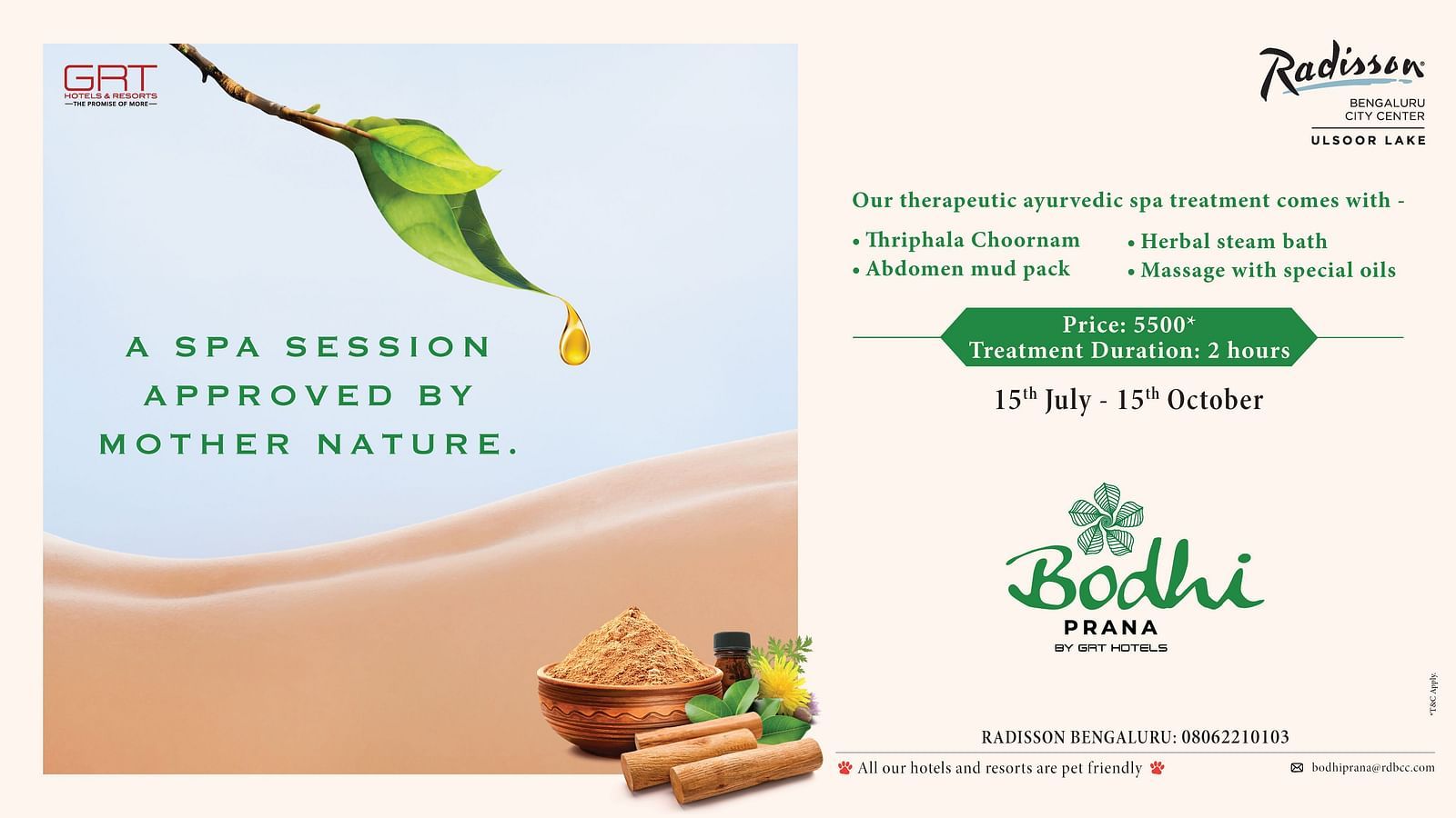 Bodhi Prana spa promotion at Radisson Hotel Bengaluru City Center showcasing holistic Ayurvedic wellness, valid from 15th July to 15th October.