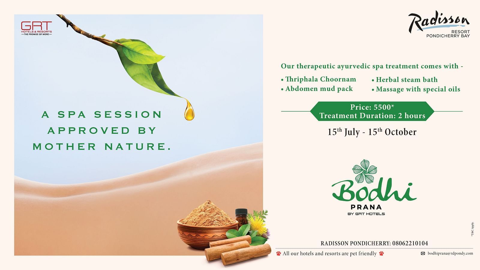 Bodhi Prana Ayurvedic spa offer at Radisson Resort Pondicherry Bay featuring traditional treatments, valid from 15th July to 15th October.