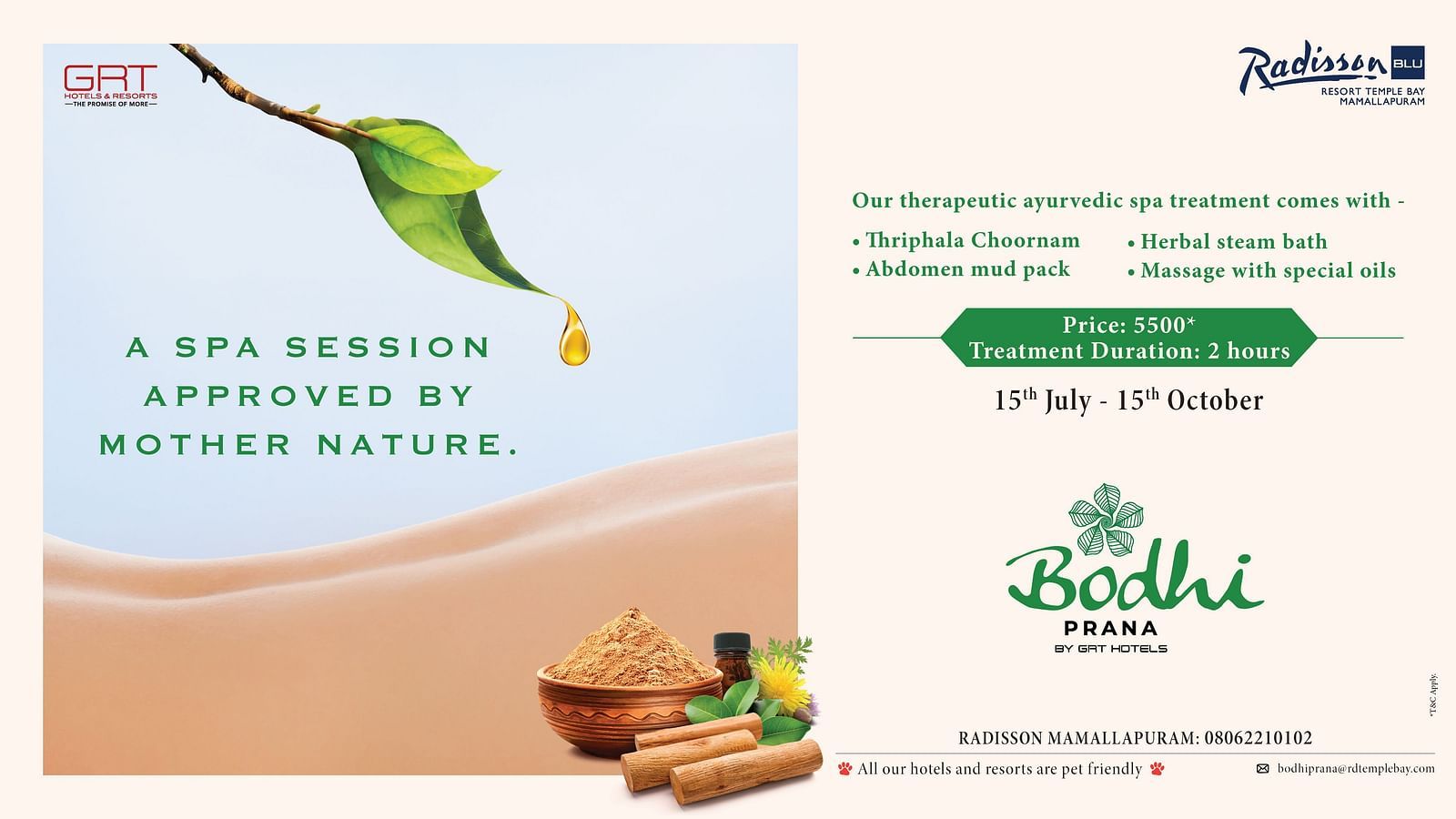 Bodhi Prana Ayurvedic spa offer at Radisson Blu Temple Bay Mamallapuram with therapeutic treatments, valid from 15th July to 15th October.