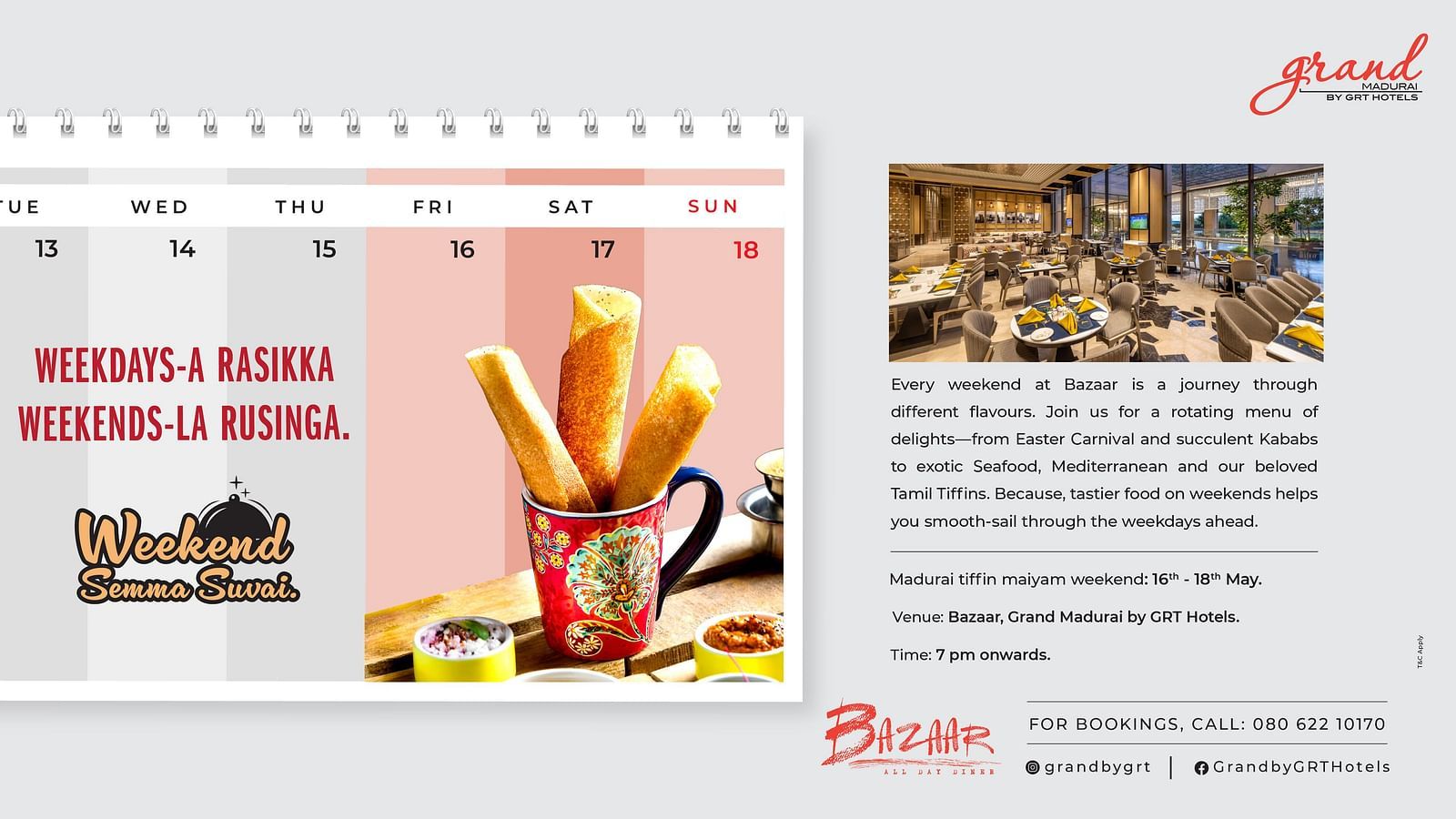 Promotional banner for Weekend Semma Suvai at Bazaar, Grand Madurai by GRT Hotels featuring Tamil Tiffins, weekend dining offer, and restaurant interior