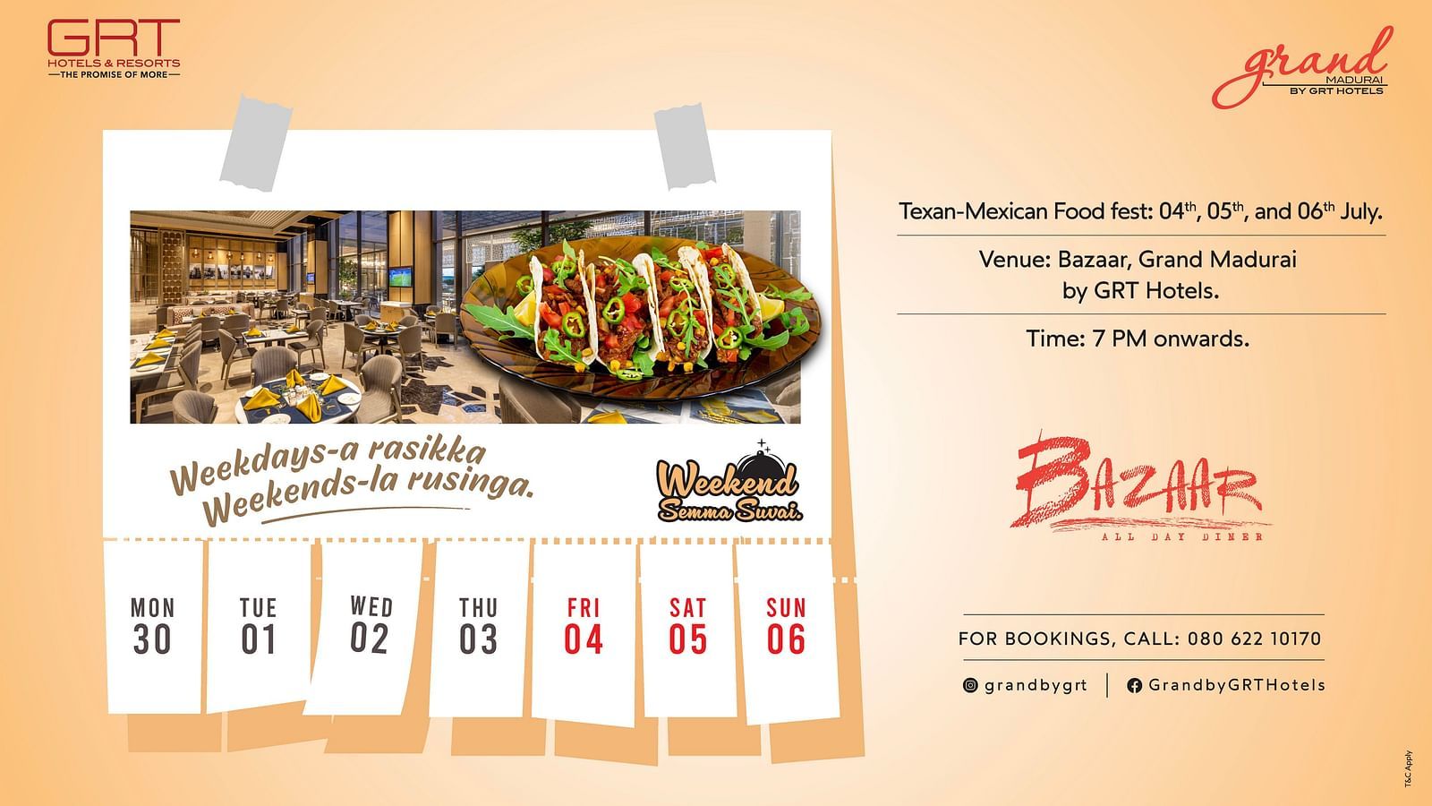 Texan–Mexican food fest poster by Grand Madurai, GRT Hotels. Shows tacos, restaurant view, and dates for weekend event with - Weekends-la rusinga.