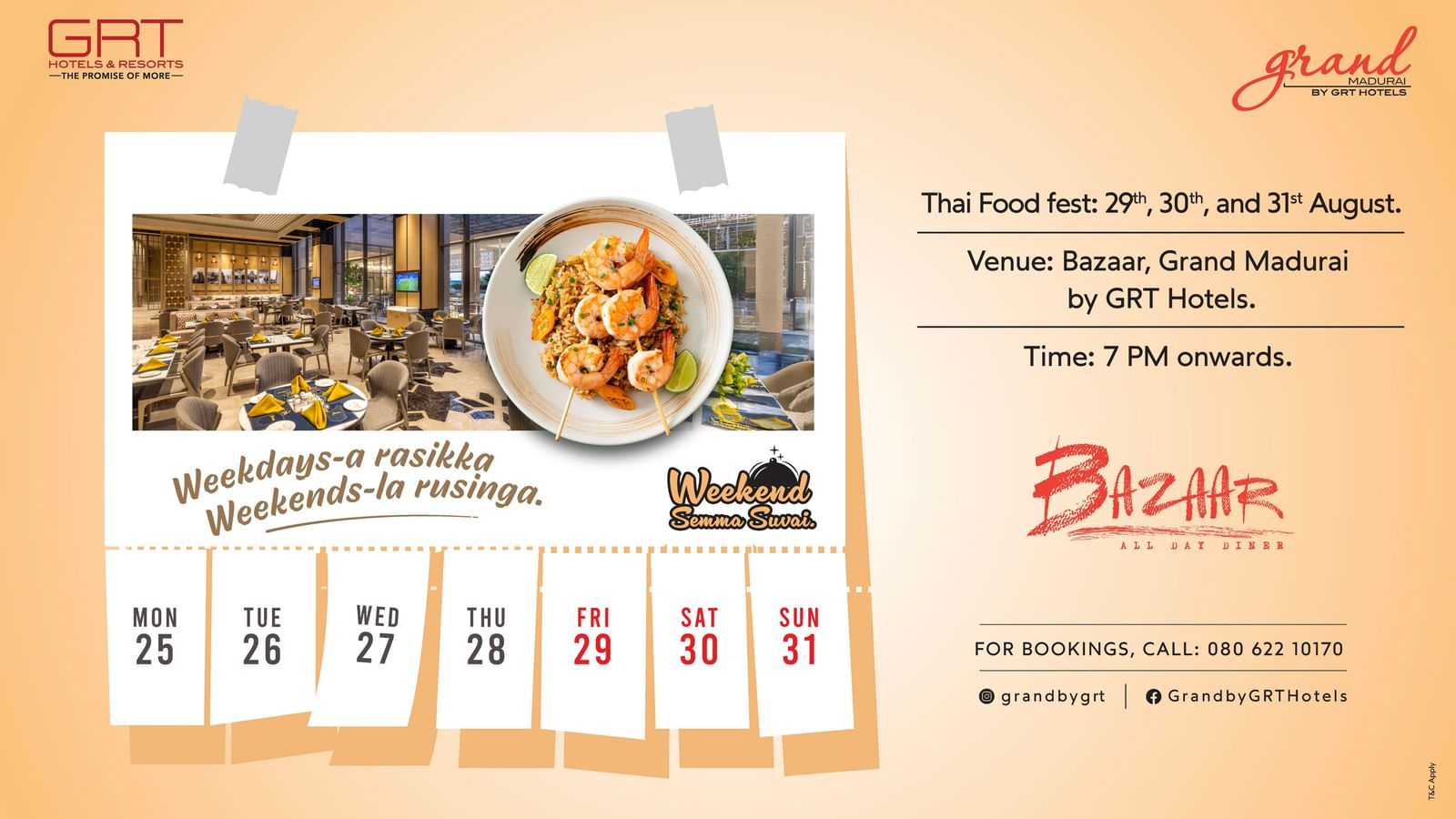 Promotional banner for Thai Food Fest at Bazaar, Grand Madurai by GRT Hotels, Aug 29-31 at 7 PM