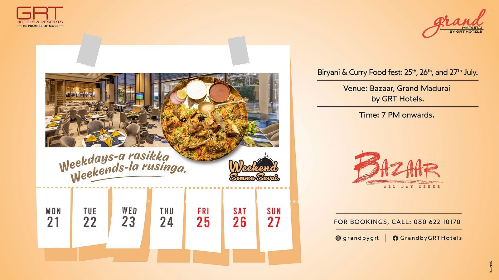 Biryani & Curry Food Feast poster by GRT Hotels – event dates from 21st to 27th July at Bazaar restaurant, Grand Chennai. Featuring biryani visuals and event details.