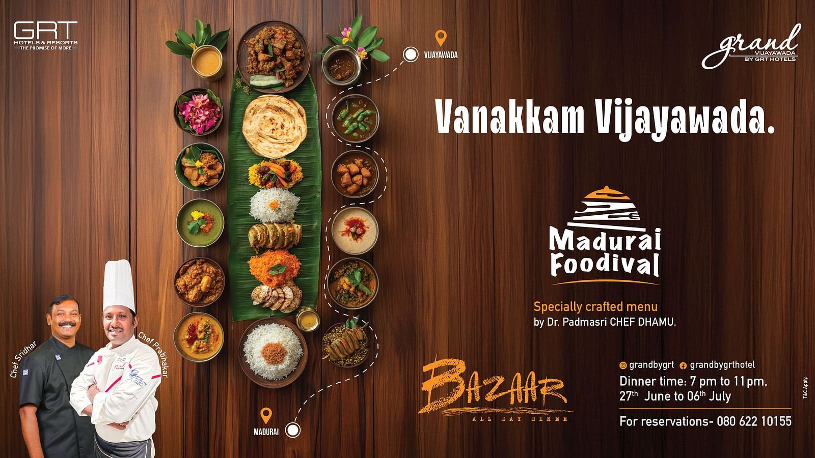 Promotional poster for Madurai Foodival at GRT Vijayawada featuring traditional dishes, chefs Sridhar and Prabhakar, and event details.