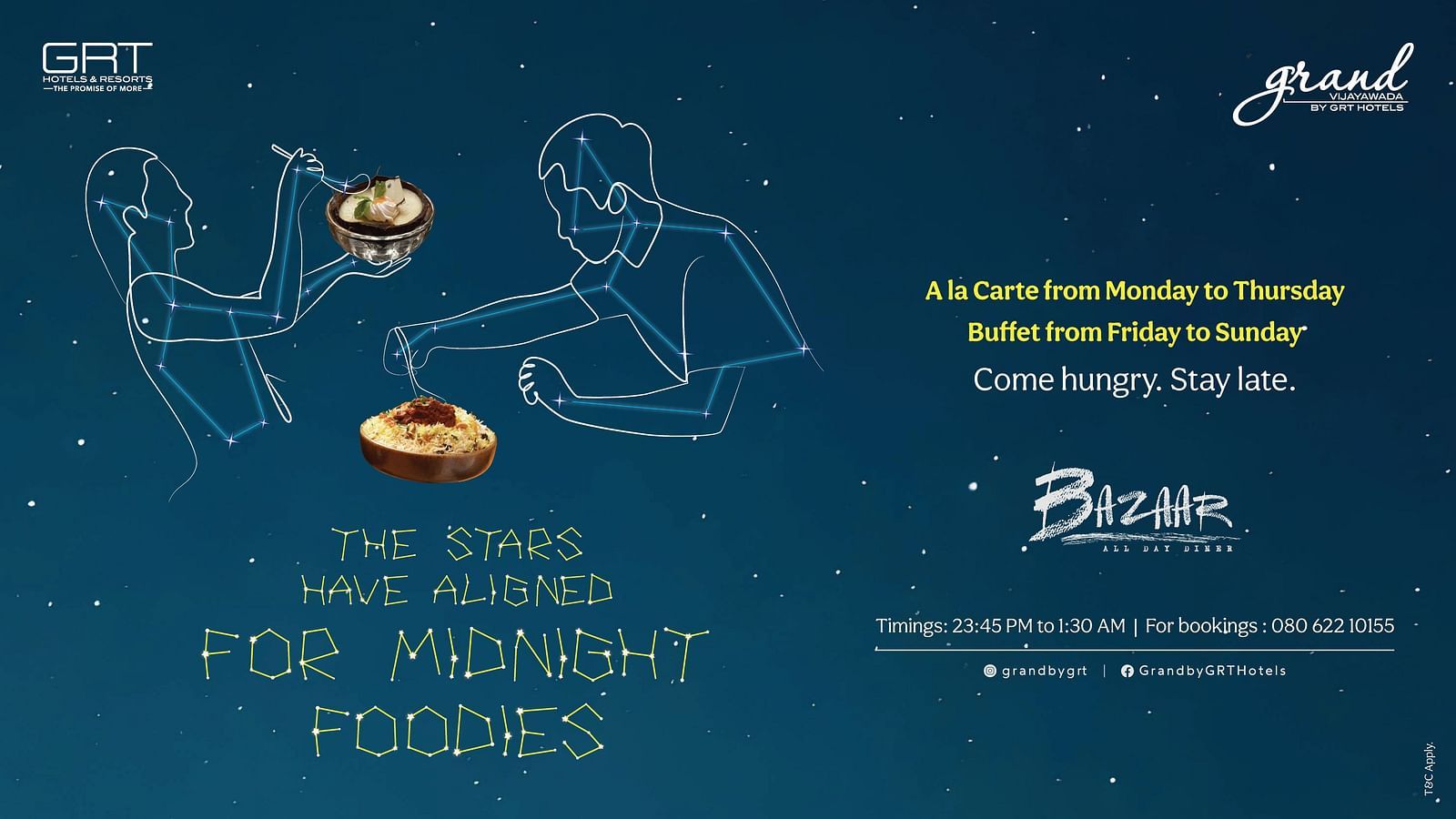 Enjoy the midnight feast at Grand Vijaywada featuring A La Carte menu from Monday to Thursday, and Buffet from Friday to Sunday. The Bazaar restaurant will be open from 11:45 PM to 1:30 AM.