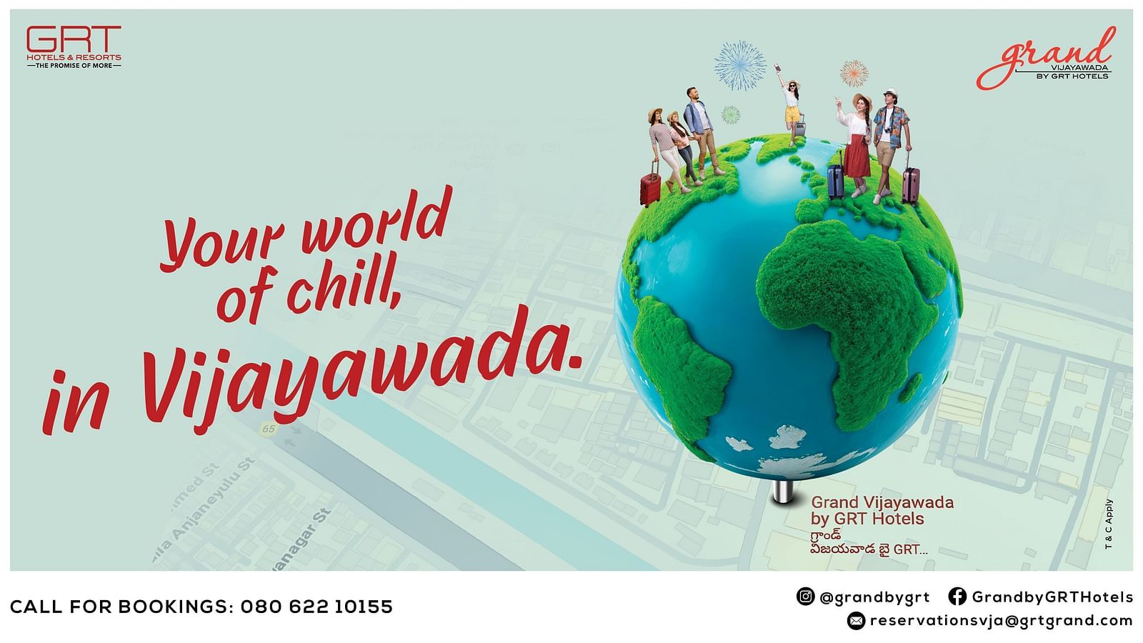  Illustration of a small green planet with people relaxing, text reads: Your world of chill, in Vijayawada