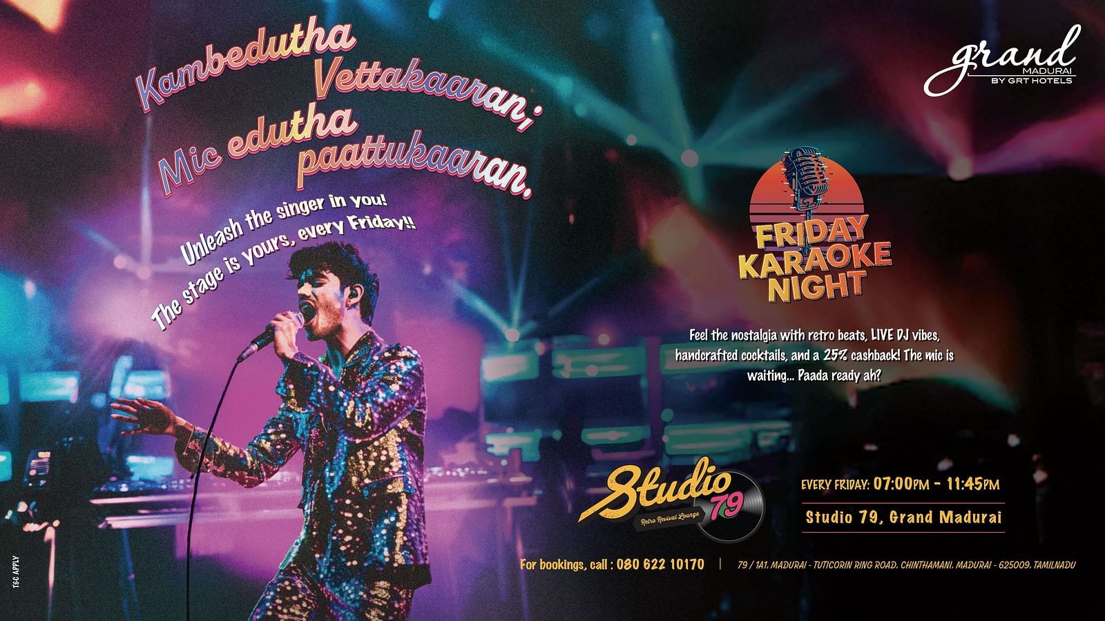 A banner for Studio 79’s Friday Karaoke Night at Grand Madurai, featuring a stylish singer in a shimmering outfit, a retro disco ball, neon typography, and energetic stage lighting.