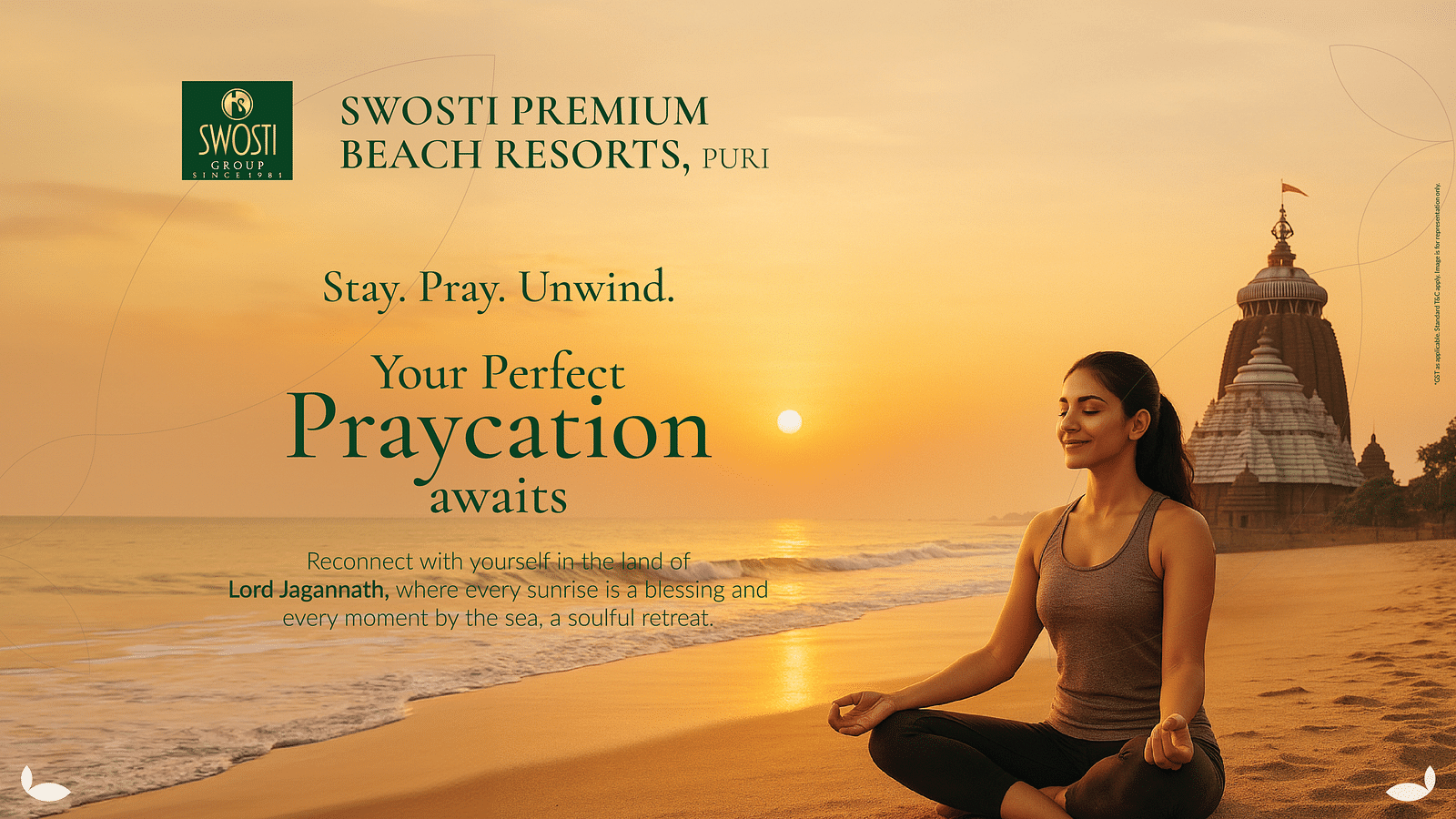 Promotional banner for the Praycation Package at Swosti Premium Beach Resorts, Puri, showing a woman meditating at sunrise near the iconic Jagannath Temple.