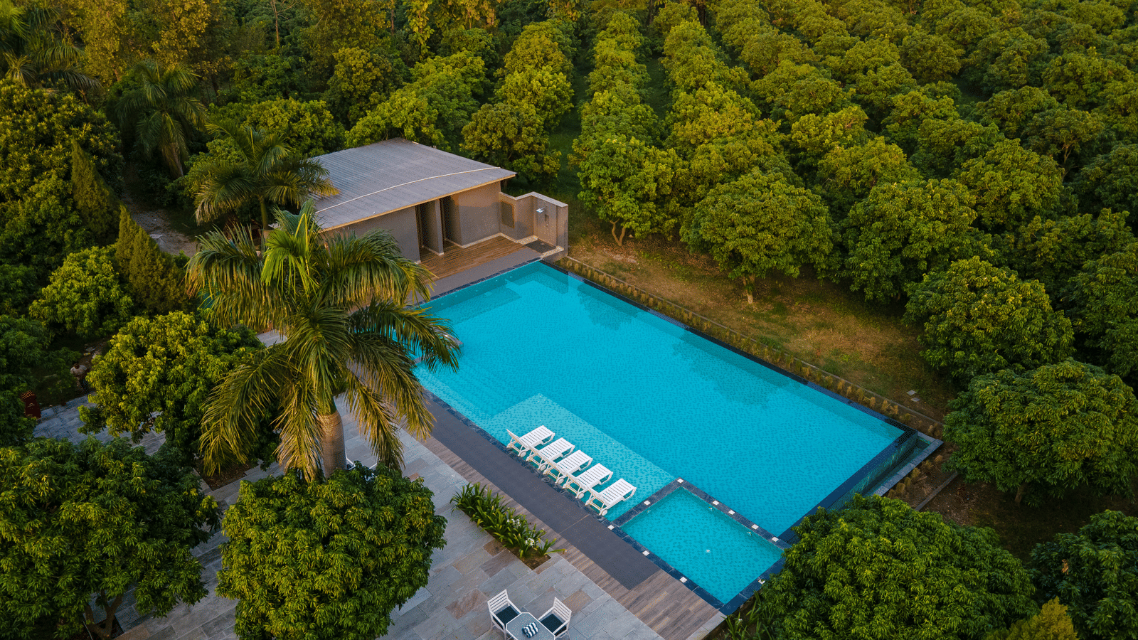 An elevated view of a long rectangular swimming pool at Wyndham Garden with a wooden deck, a modern poolside building, and surrounded by dense tree foliage.