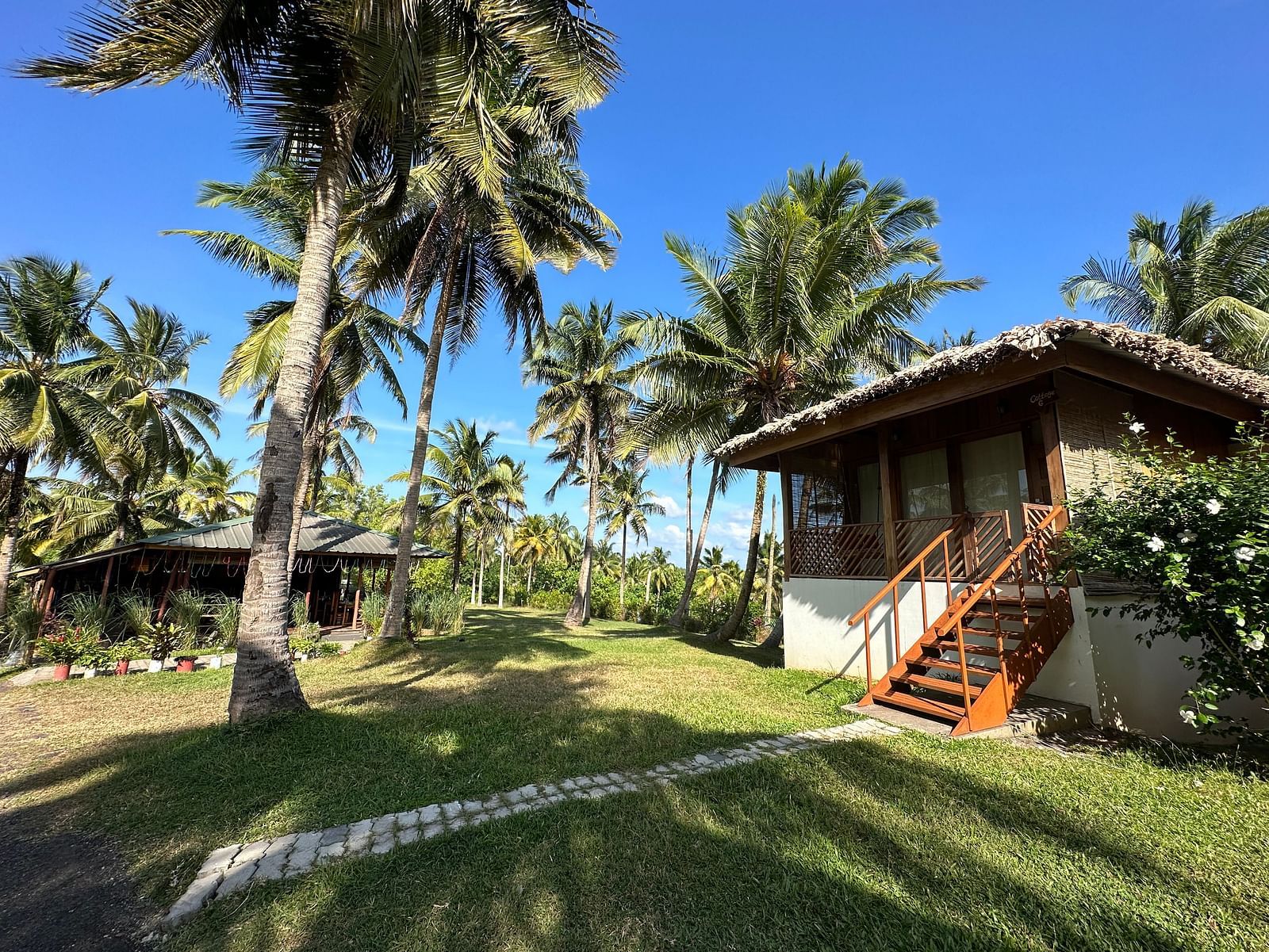 A charming resort building with a thatched roof, surrounded by lush green grass and palm trees under a bright sky.