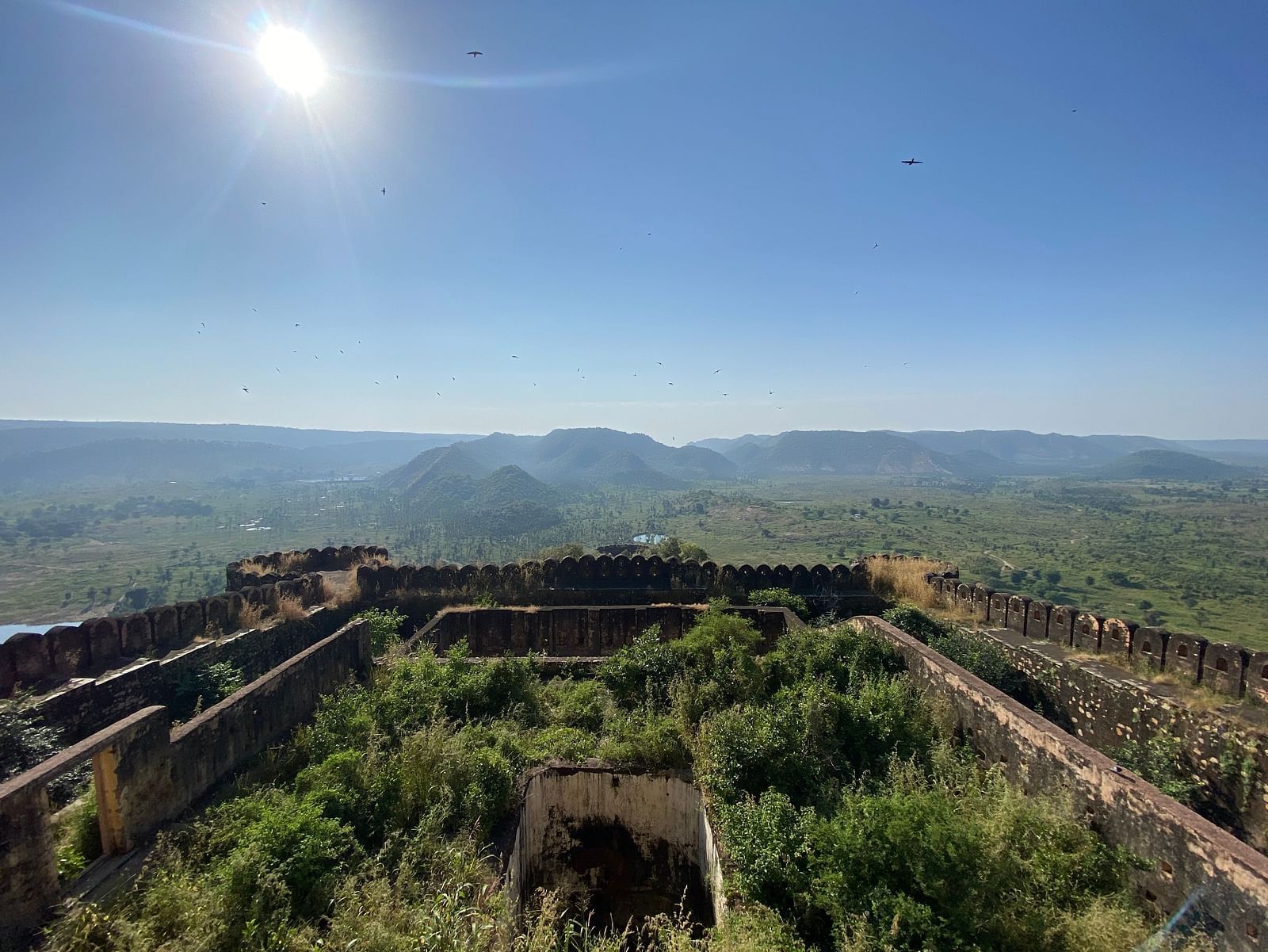 Bright midday shot of the fort’s ruined walls filled with vegetation, overlooking an expansive verdant valley and distant hills under a clear sky, with birds gliding in the sunlight.