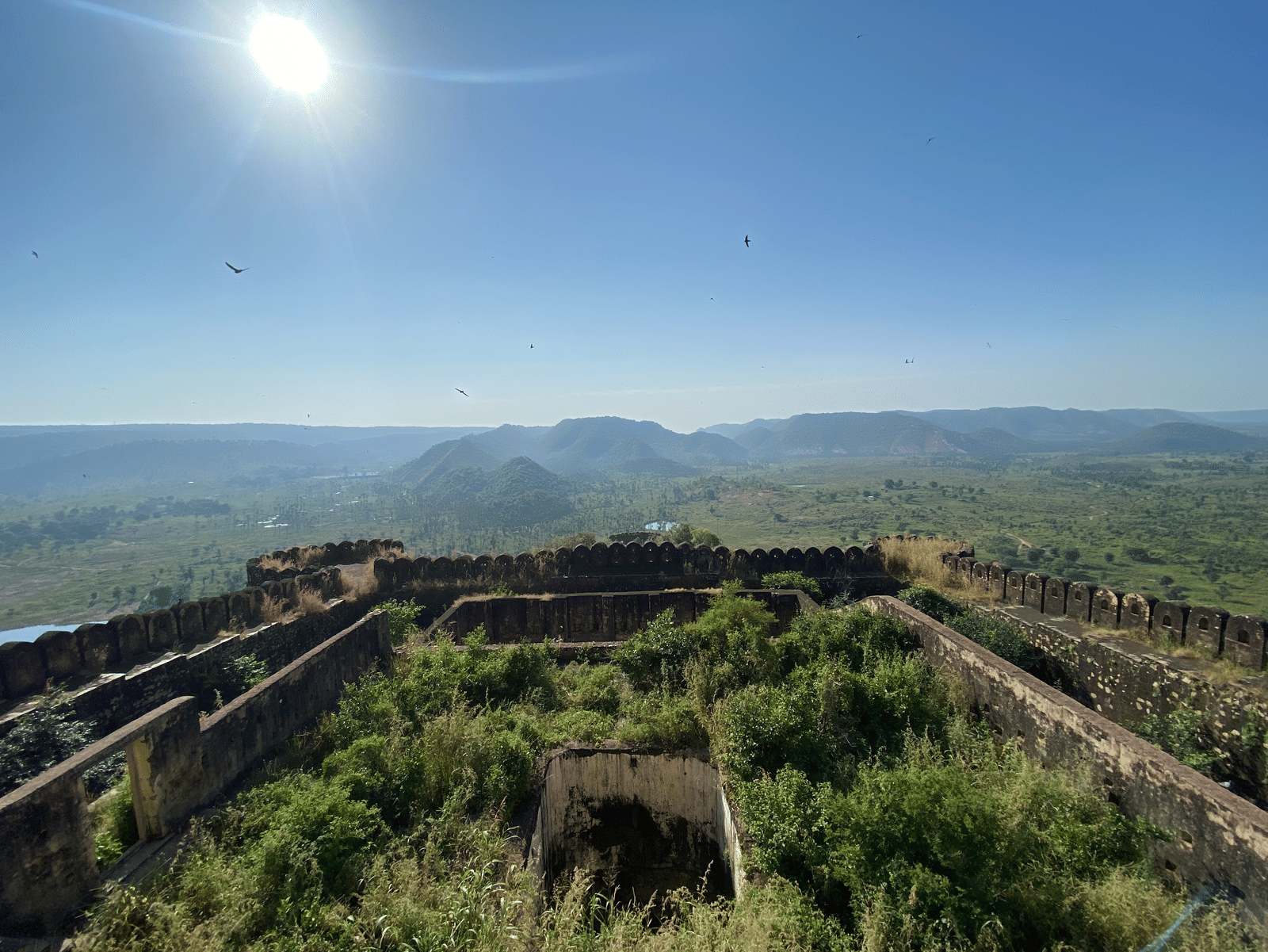 Sunlit panoramic view from a hilltop fort, showing stone ramparts with overgrown greenery in the foreground and a lush valley with rolling hills and birds overhead.