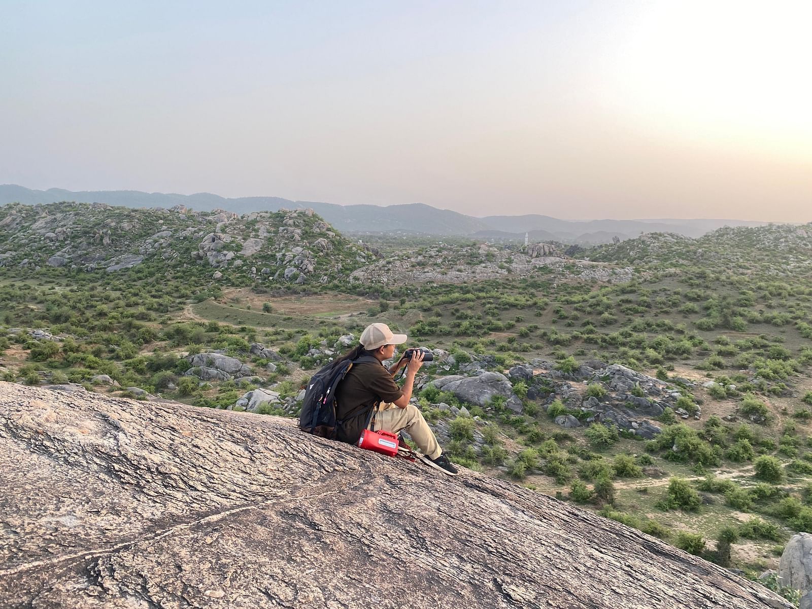 Hiker sitting on a rocky outcrop overlooking a vast green valley during sunrise or sunset.