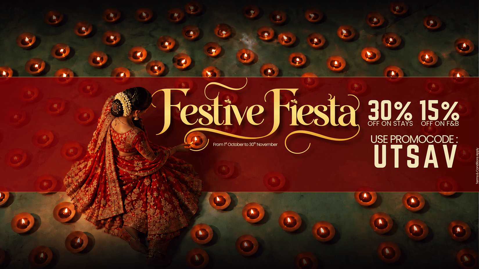 A Festive Fiesta Website Banner with the 30% and 15% offers displayed on stays from 1st to 30th Novemeber. | Pride Hotels Group