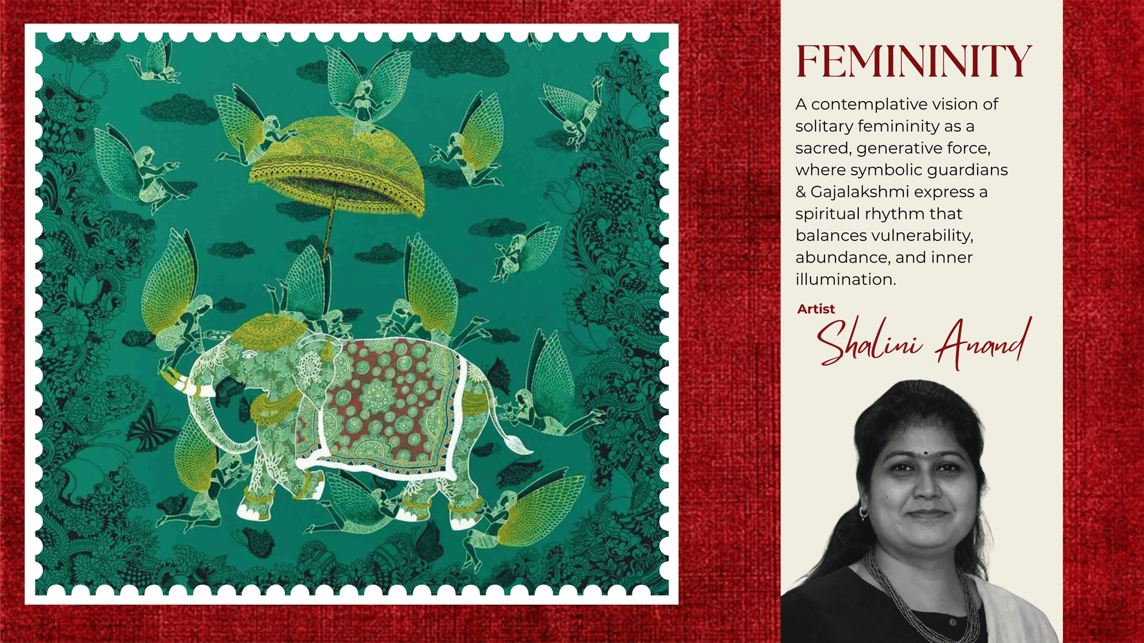 A composite graphic featuring a commemorative postage stamp design and a portrait.