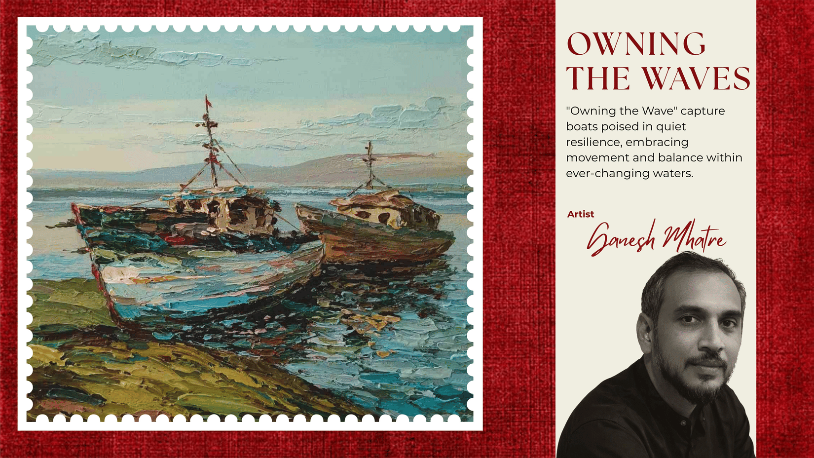 Impressionist-style painting of two boats on calm waters, depicting balance and tranquility. Side panel features text 'Owning the Waves' and a grayscale portrait of the artist. The image conveys themes of resilience and harmony.