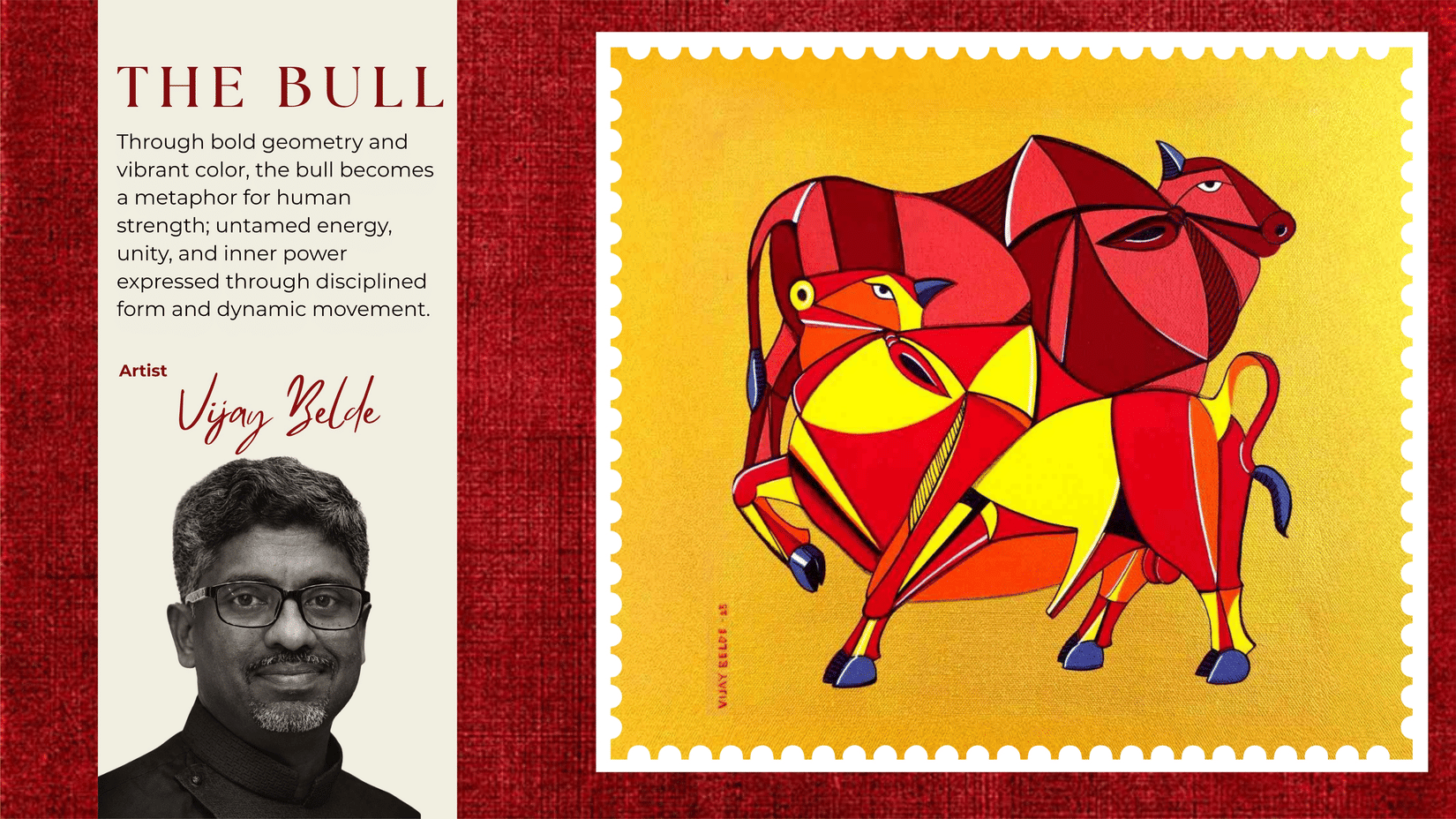 An informative art profile featuring a vibrant painting titled The Bull by Indian contemporary artist Vijay Belde.