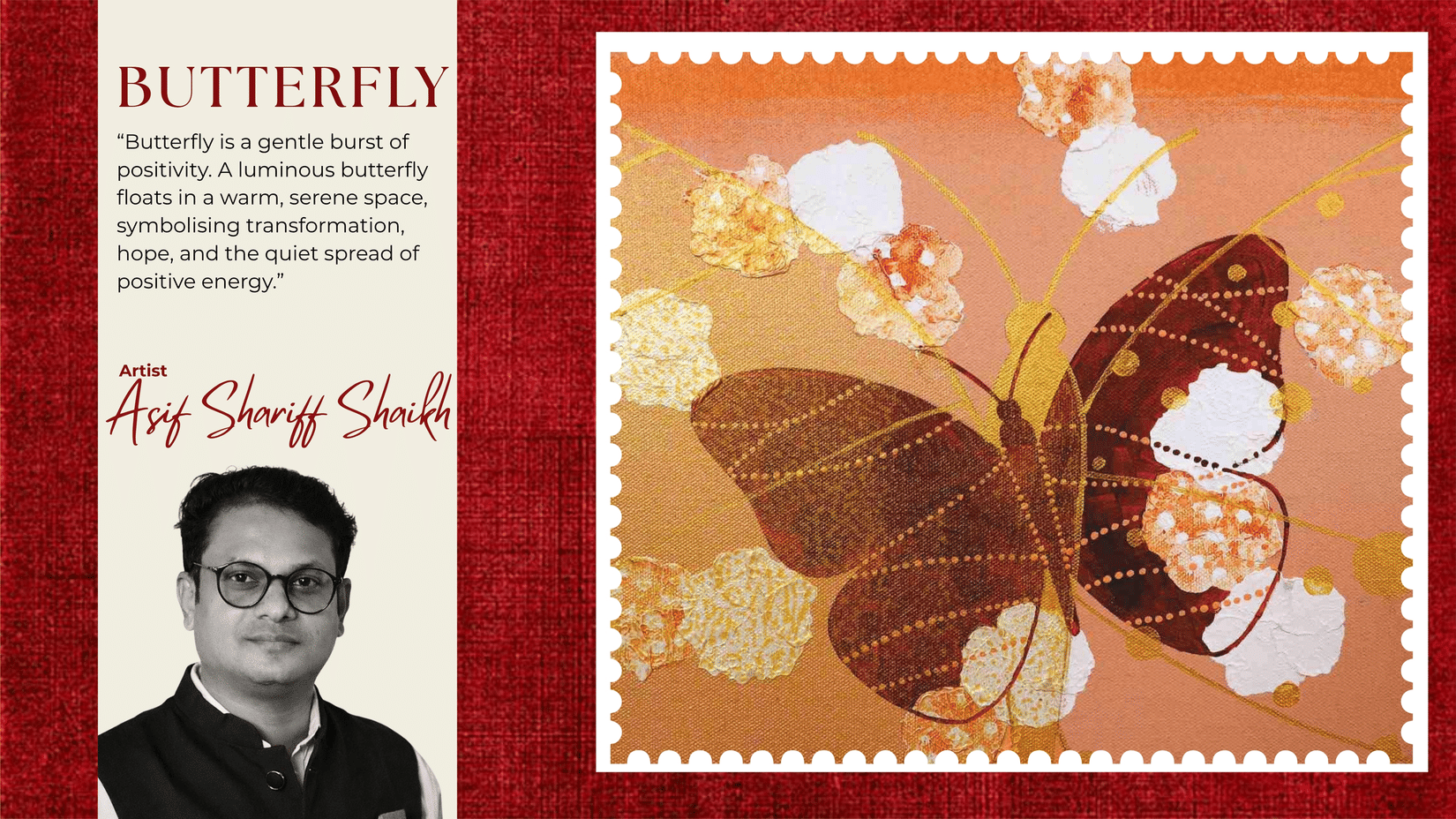warm-toned artwork depicts a butterfly with intricate patterns surrounded by floral elements. Text beside it describes positivity and transformation.