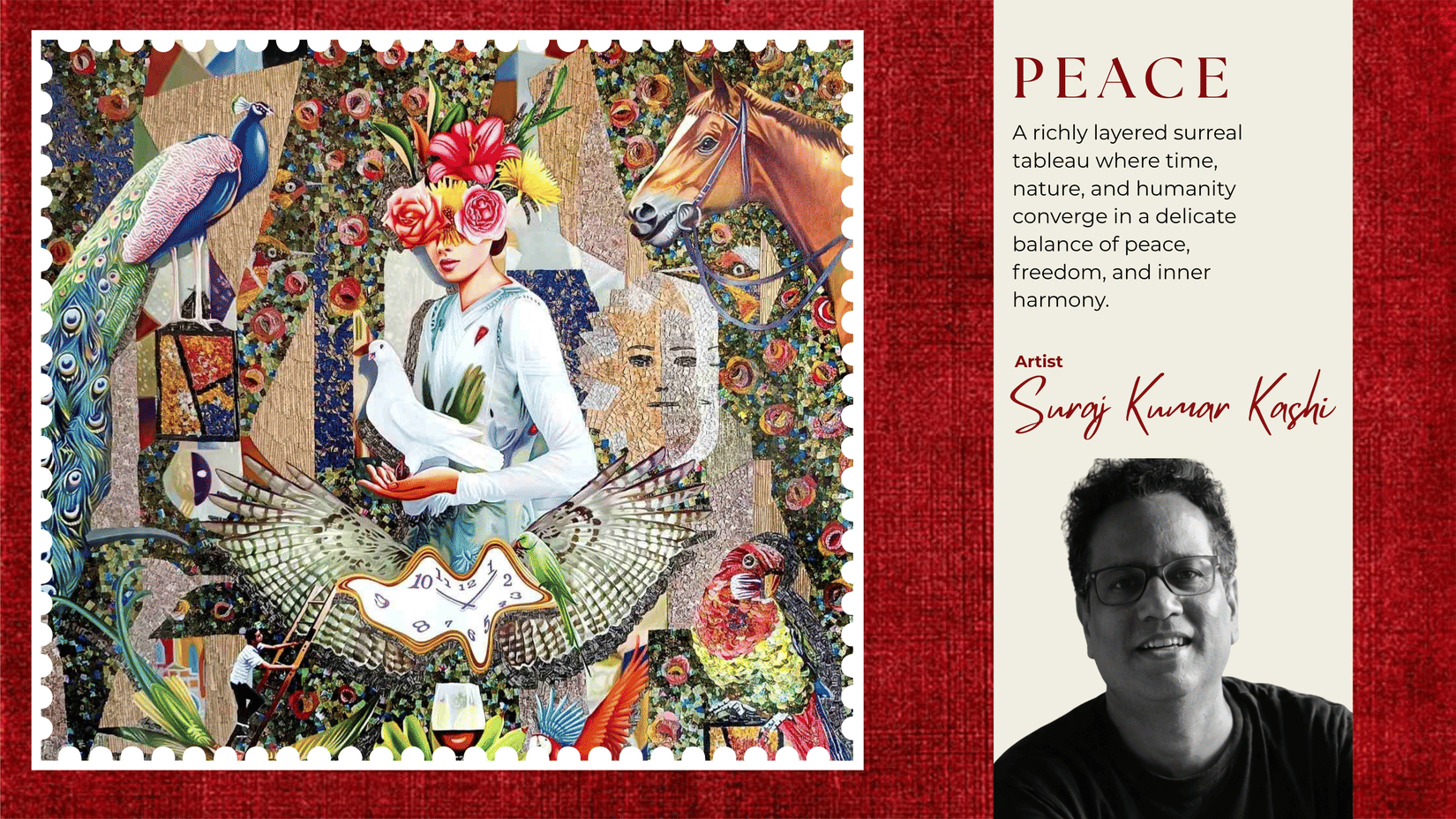 A vibrant surreal collage featuring a woman with flowers on her head, surrounded by peacocks, a horse, and floral elements. The scene embodies peace and harmony.