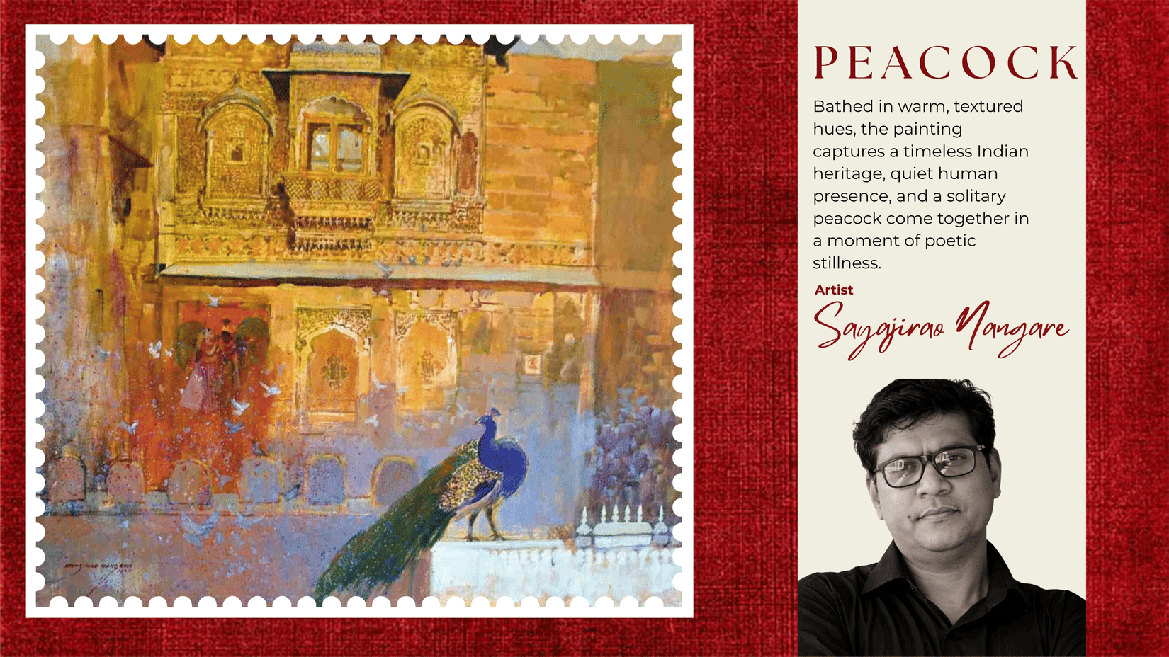 A textured painting depicts an ornate Indian building with warm hues. A peacock stands gracefully in front, conveying tranquility and heritage.