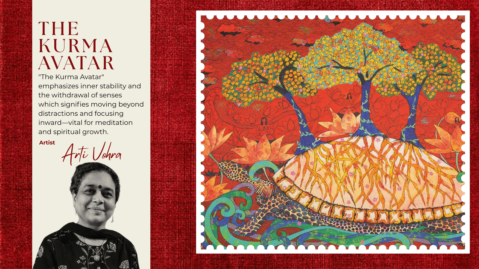 Vibrant artwork titled 'The Kurma Avatar' by artist Arti Vohra, depicting two trees on a turtle's back amidst waves, symbolizing inner stability and spiritual growth.