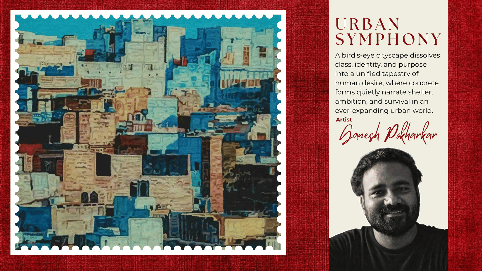 A horizontal layout featuring a red textured background. On the left is a large, rectangular abstract collage artwork titled Urban Symphony. 
