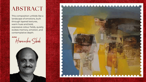 Abstract painting by Harendra Shah on a textured red background. Warm hues and bold textures evoke emotions and depth. Profile of the artist is included.