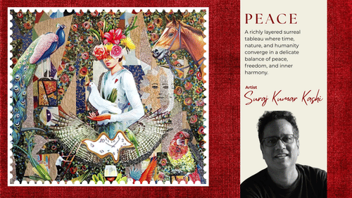 A vibrant surreal collage featuring a woman with flowers on her head, surrounded by peacocks, a horse, and floral elements. The scene embodies peace and harmony.