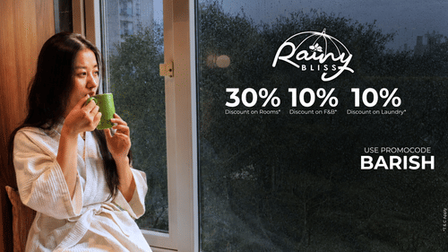 A promotional poster for the Rainy Bliss Offer at Pride Hotels Group, featuring a promo code for the package and exclusive discounts on stay, dining and laundry. 